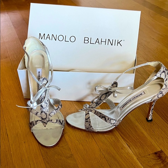 Manolo Blahnik Silver and Snake Print Heels - Picture 1 of 6